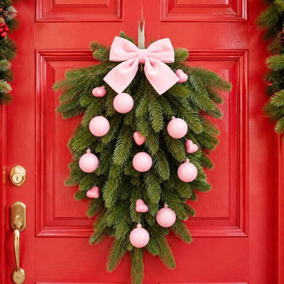 23.6 Inch Artificial Christmas Teardrop Swag with Velvet Bow and Velvet Ball Ornaments, Pre‑Assembled Pine Teardrop Wreath for Front Door, Wall, Mantel Holiday Decoration