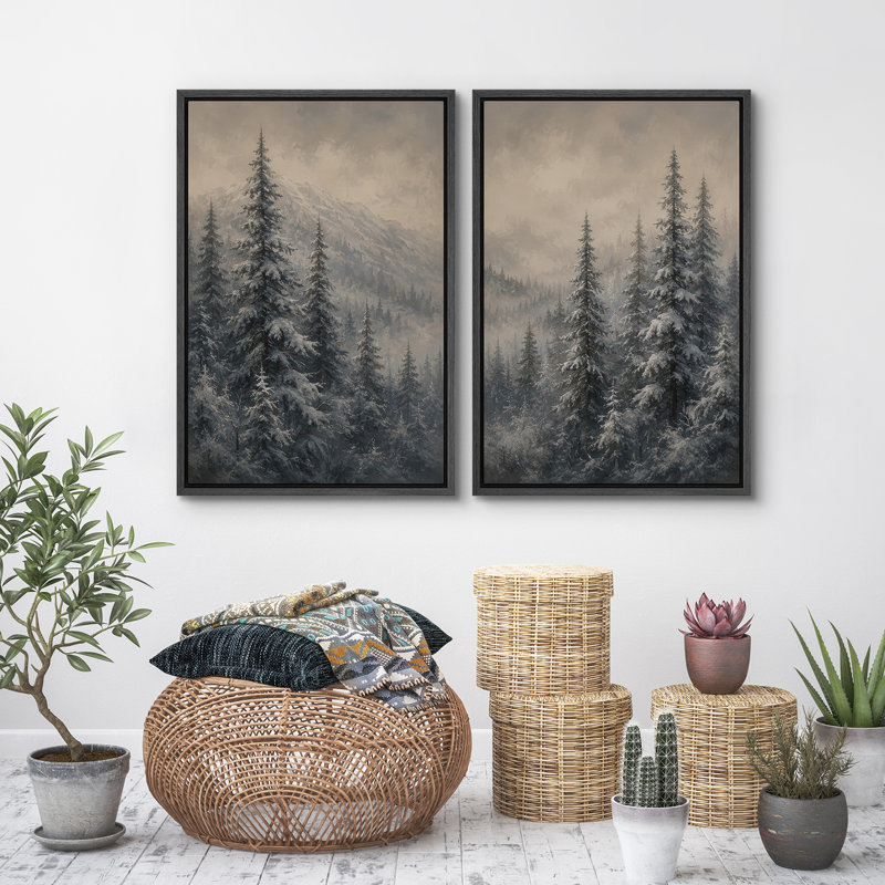 Reproduction enneigée de neige, forêt de pin et paysage de montagne brumeux, 36" H x 24" W x 1.5" D, Black