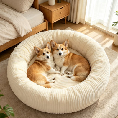 Lit pour animal de compagnie rond en peluche côtelé avec beignet, nid de chat et de chien très doux et moelleux et apaisant, lit pour animaux de compagnie pour animaux de compagnie