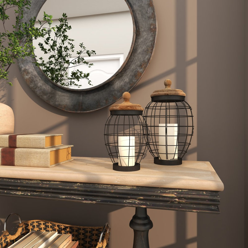 Ensemble de pots décoratifs noirs en métal avec couvercles en bois Aure
