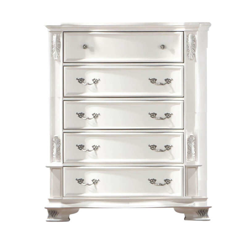 Commode haute Prio, 5 tiroirs, bois sculpté classique,, Blanc perle