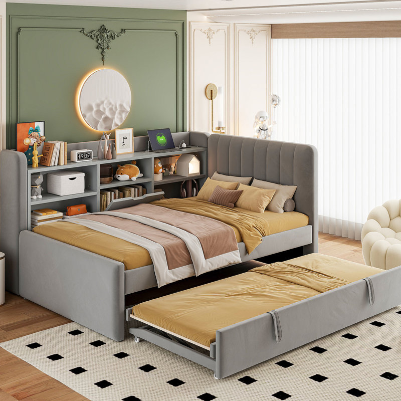 Twin Size Upholstered Gray Daybed With Trundle, Storage For Personal Items, & Outlet - Ideal Small Rooms, Combines Comfort And