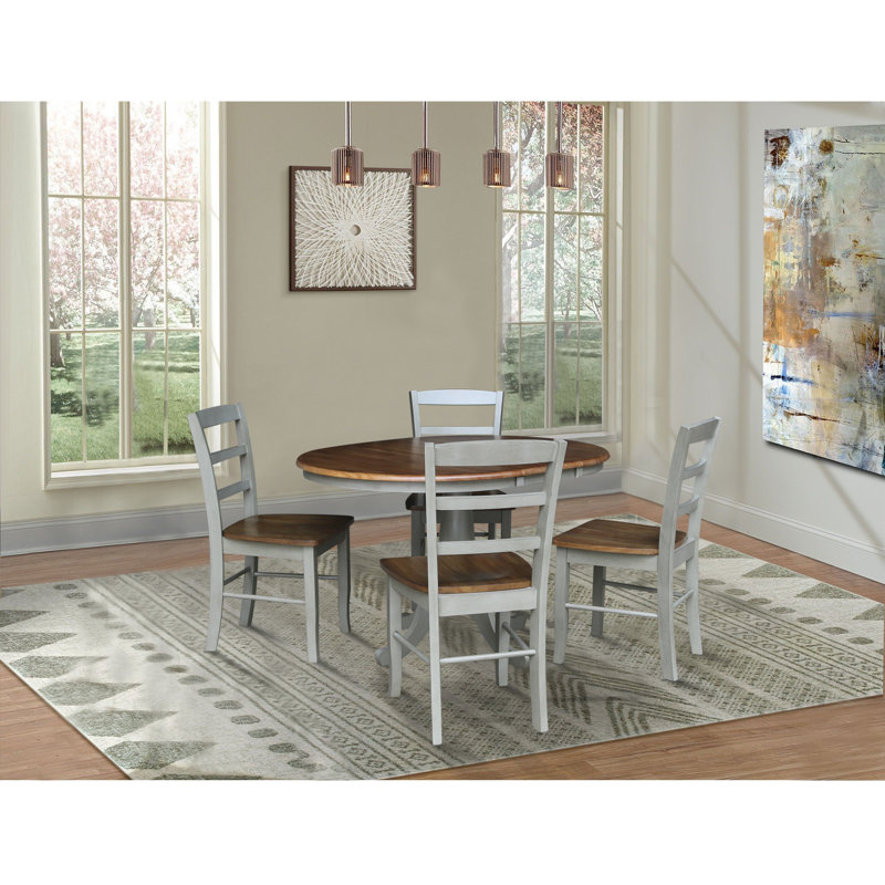 Gadmann Pedestal Extendable Solid Wood Dining Set, Hickory/Stone, 5 Pieces: Table, 4 Chairs