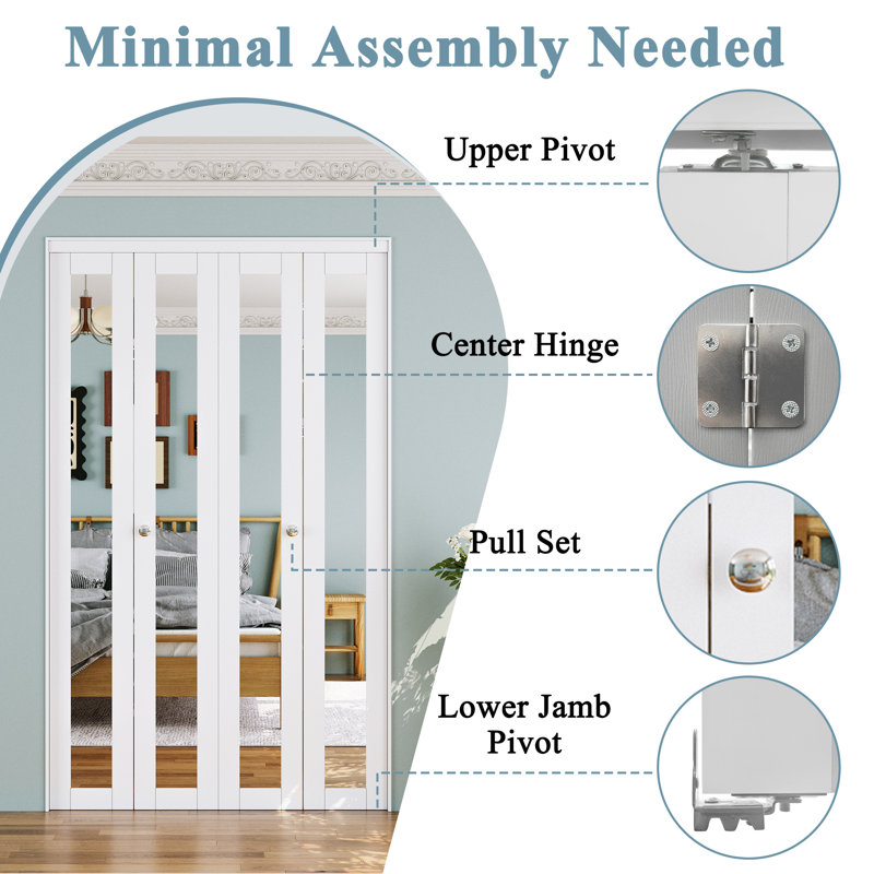 Double 1-Lite Mirrored Bifold Door Solid Core Bi-Fold Door With Installation Hardware Kit(Closet, Pantry door) , 72"x80“ 