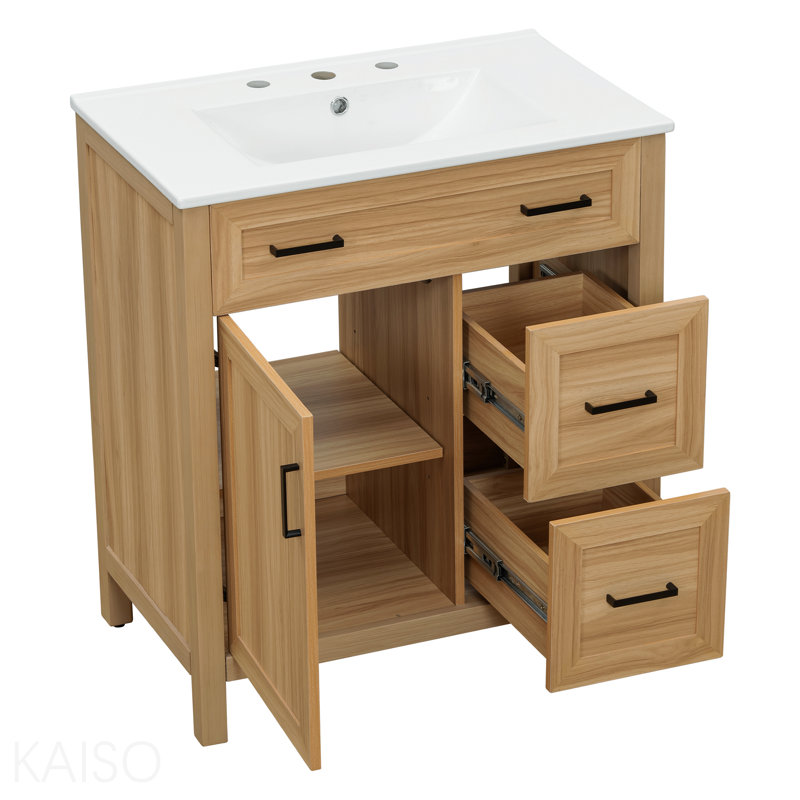Meuble-lavabo de 30 po en bois avec cadre en bois massif, 1 porte à fermeture douce, 2 tiroirs à fermeture douce, tablette réglable, armoire de rangement moderne