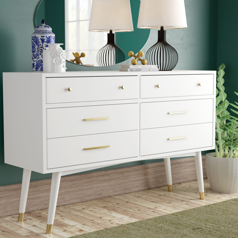 Commode double 6 tiroirs Samuel, Blanc/laiton
