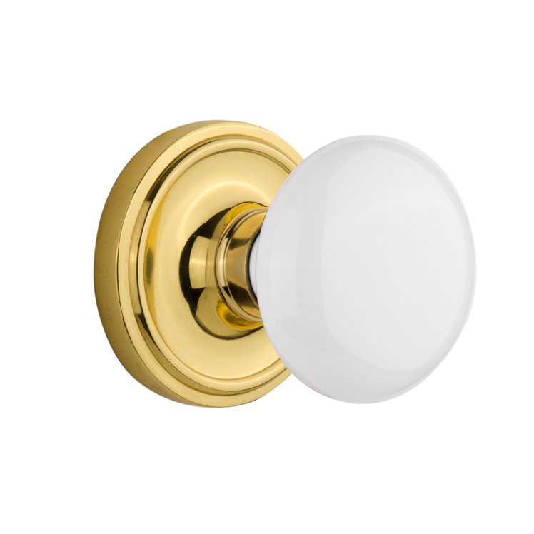 Rosette classique avec bouton de porte en porcelaine blanche, Laiton poli