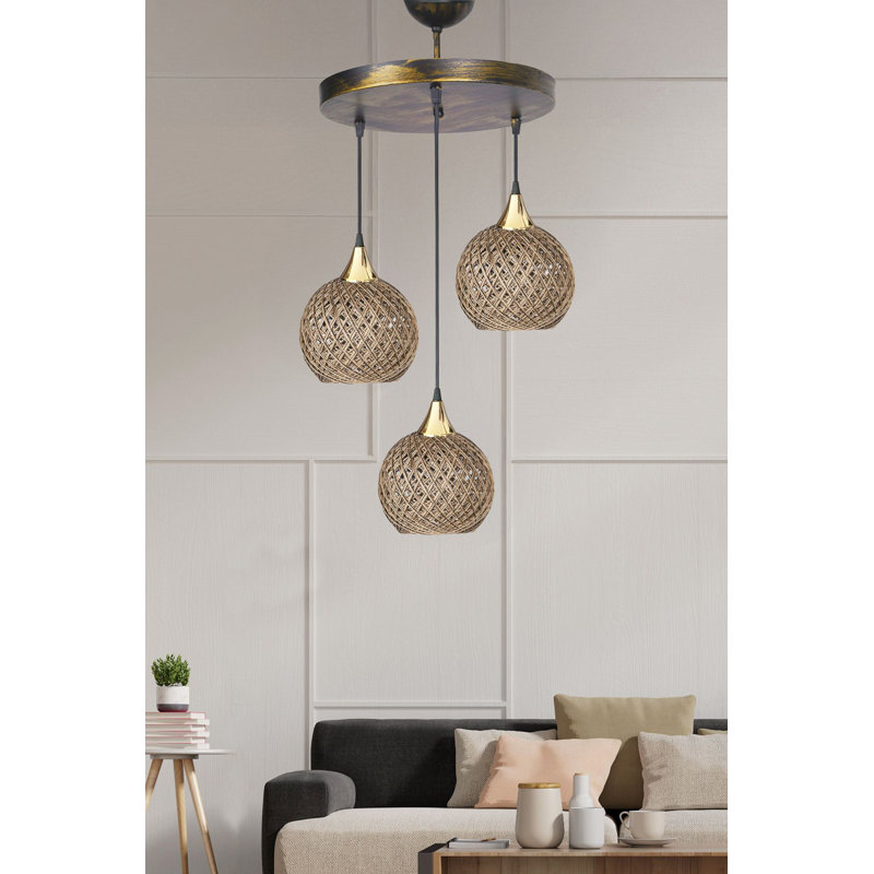 Lustre beige élégant, structure en métal avec capuchon en jute, 12,6 po x 12,6 po x 5,9 po | Hauteur totale: 31,5 pouces | 3 x douilles E27 (40 W maximum) | Certifié CE | Parfait pour le salon, la salle à manger et le vestibule