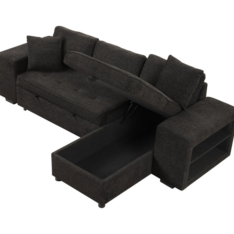 Canapé d'angle en L avec canapé-lit confortable, méridienne de rangement et 2 poufs, gris anthracite, style moderne réversible