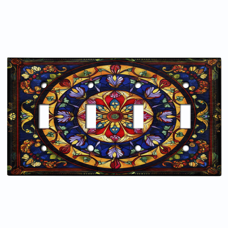 Couvercle de plaque d'interrupteur en métal; Bascule à 4 bandes US standard - image imprimée d'un mandala floral en vitrail