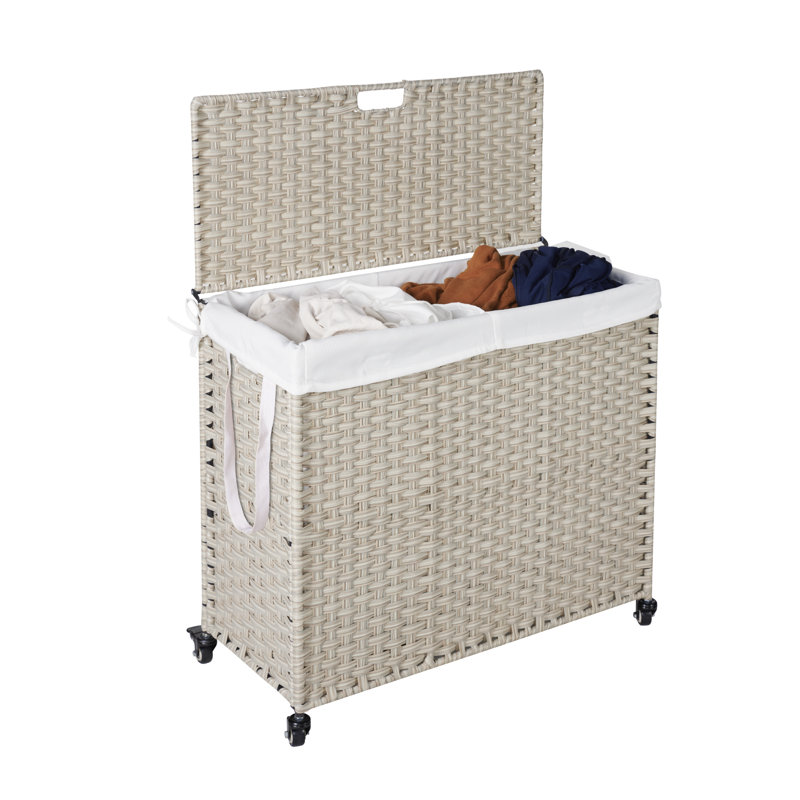 Modern Wicker Rolling Laundry Hamper with Handles, Grey