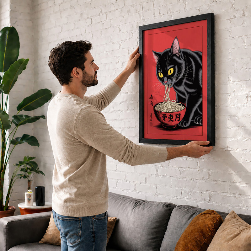 Lucky Cat With Noodles Japandi - Print, A3 - 42.0 x 29.7 cm, White