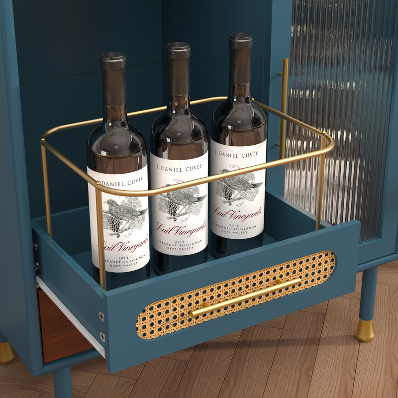 Meuble-bar moderne de 80 cm de large avec porte-verres à vin et tiroir de rangement, bleu, Bleu
