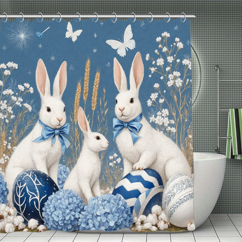 Rideau de douche bleu à motif de œufs de lapin de Pâques L 72 po x l 72 po