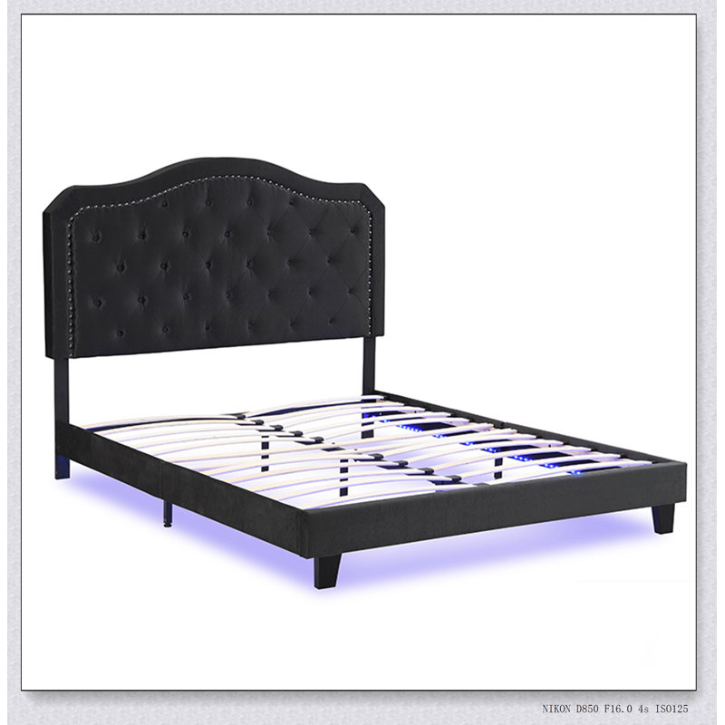 Upholstered Bed Button Tufted With Curve Design - Strong Wood Slat Support - Easy Assembly - Velvet - With LED Light-Platform Bed - Queen