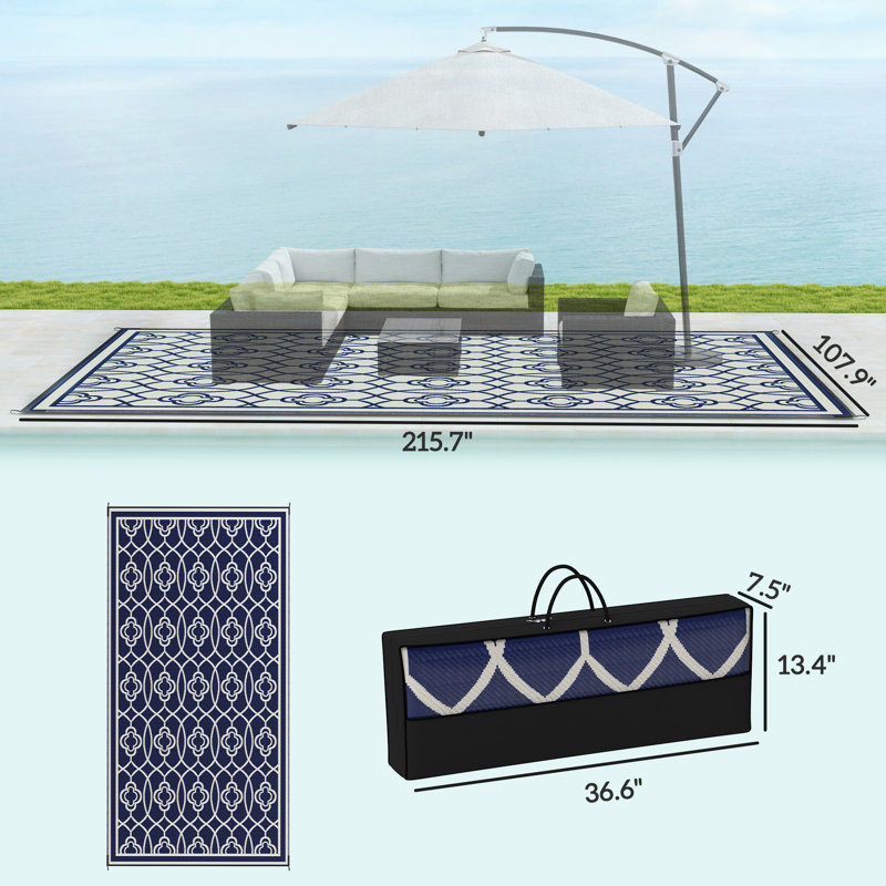 Tapis d'extérieur réversible, tapis de sol en paille de plastique imperméable 9 pi x 18 pi, tapis de camping portatif pour camping-car, grand tapis de jardin, terrasse, pique-nique, plage, lanterne bleue et blanche
