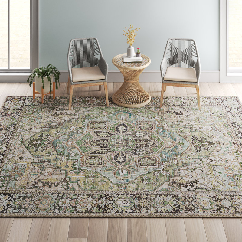 Tapis oriental noir / vert / ivoire Albion, Rectangle 7 pi 6 po x 9 pi 6 po