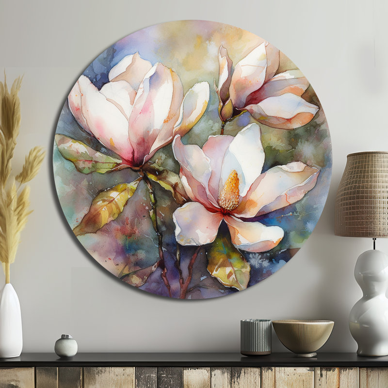 Pink Magnolia Symphony III - Floral Round Metal Art, H 23 po x l 23 po