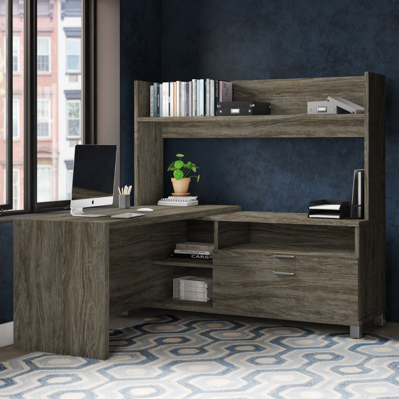 Operle Reversible L-Shaped Desk with Single Shelf Hutch, 72W, Walnut Gray