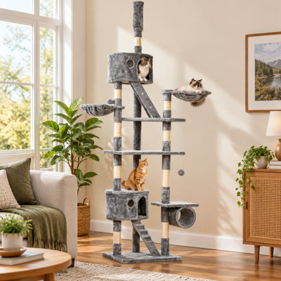 Arbre à chat 94,5-102,4 po réglable du sol au plafond avec condos en peluche, hamacs, tubes, échelles et poteaux en sisal, gris clair