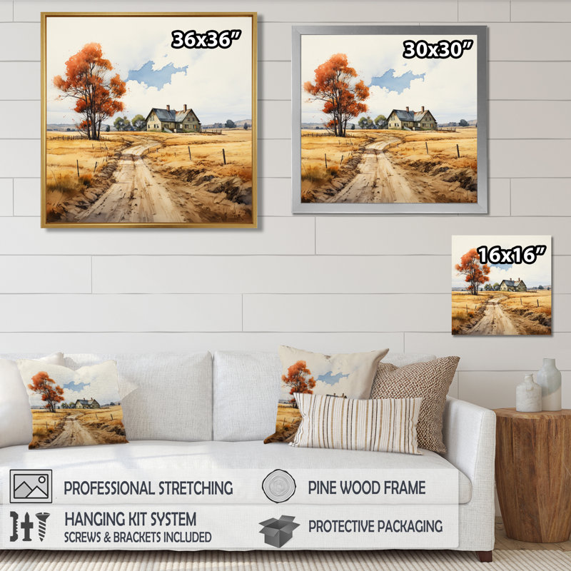 Rustic Country House Autumn Road - paysage, art mural, Toile encadrée flottée blanche, H 16 po x l 16 po x P 1 po