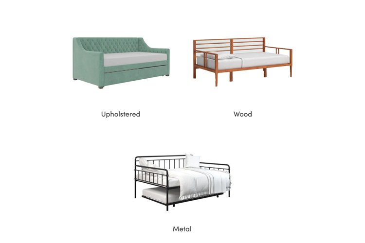 collage of daybed materials: upholstered, wood, and metal.