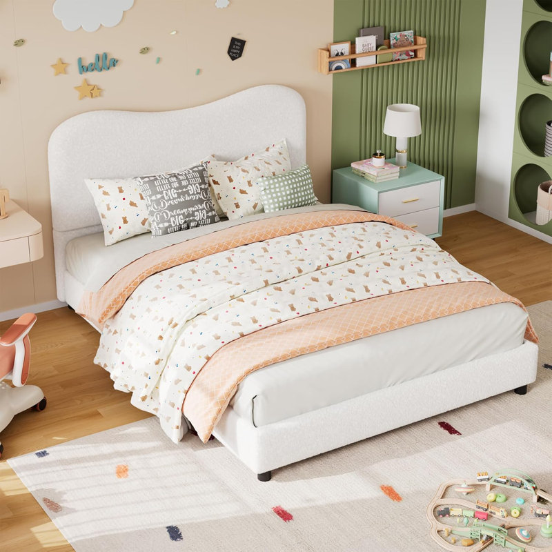 Twin/Full/Queen Size Bed Frame for Kids w/ Velvet Upholstered Headboard, Cute Low Profile Platform Bed for Girls and Boys