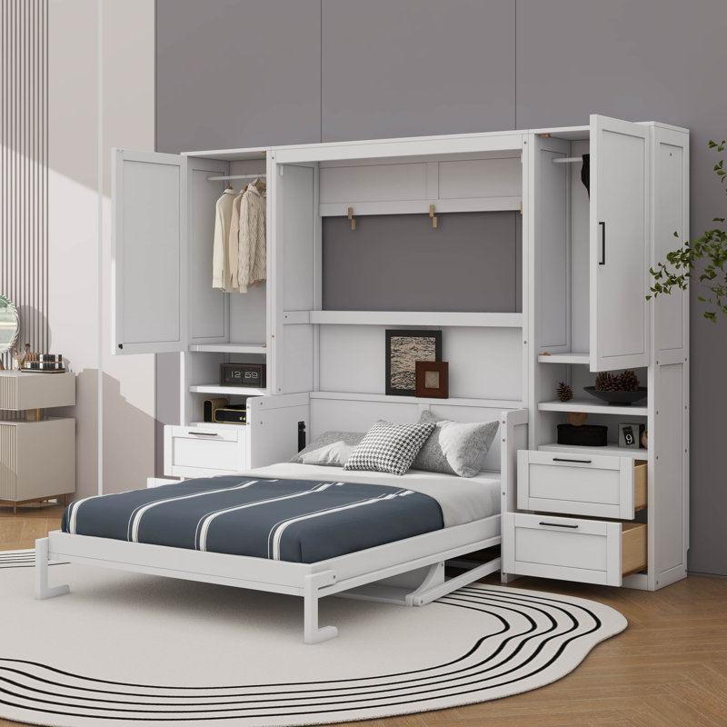 Lit escamotable mural avec placard, tiroirs et tablettes Murphy, Double / double, Blanc