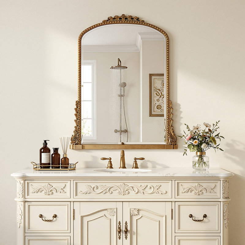 Miroir de salle de bain rétro gravé, miroir mural arqué, 22"×32", Doré
