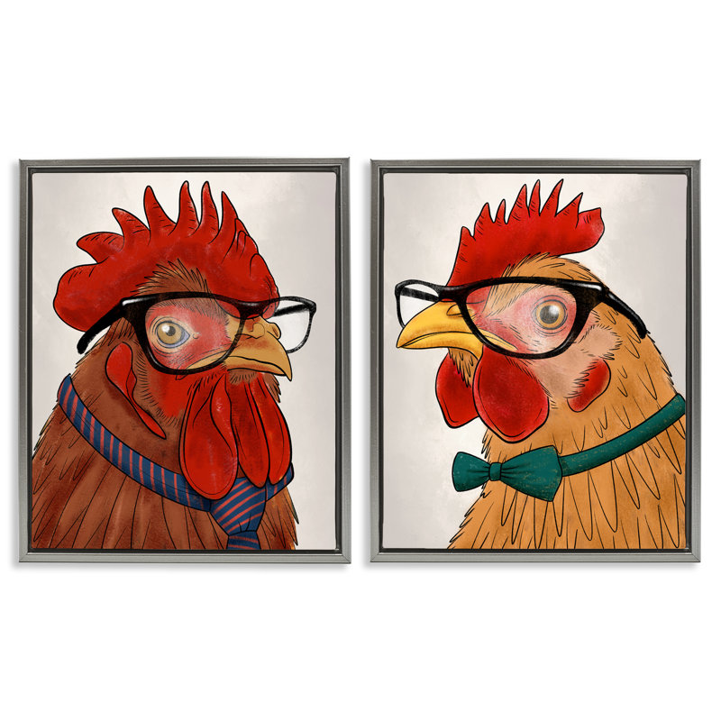 Ensemble de cadres flottants 2 pièces Quirky Hipster Roosters, design par Marcus Prime, Cadre flottant gris lustré