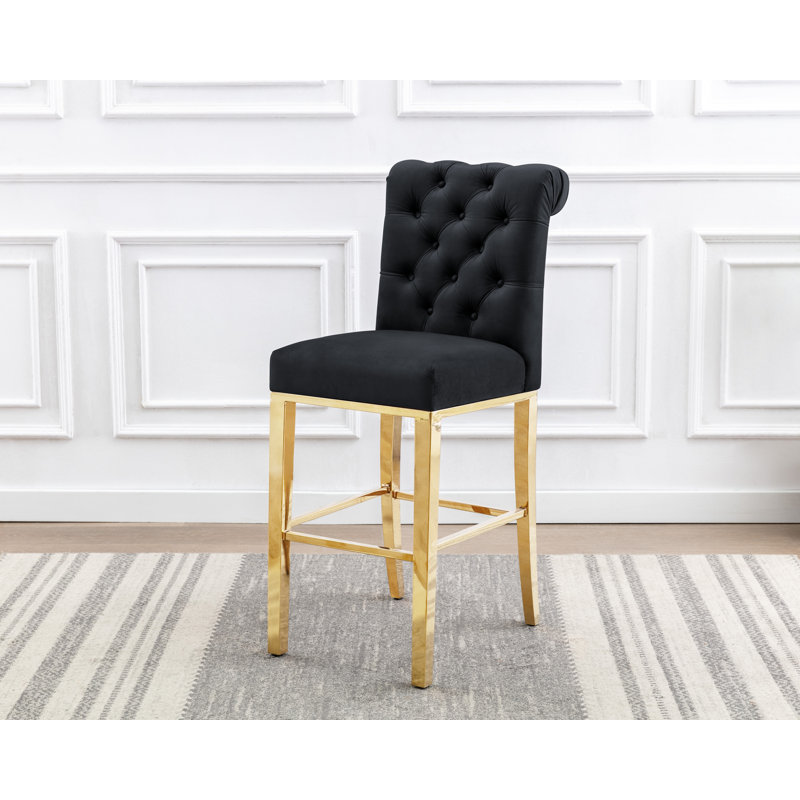 Kaarle Upholstered Counter Stool with Metal Frame, Bar Stool (29" Seat Height), Black Seat/Gold Frame