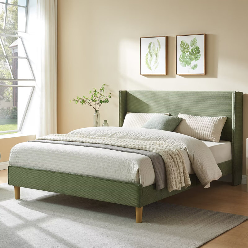 Janine Corduroy Upholstered Wingback Bed with Slat Kit and Solid and Manufactured Wood Frame, Turtle, Full