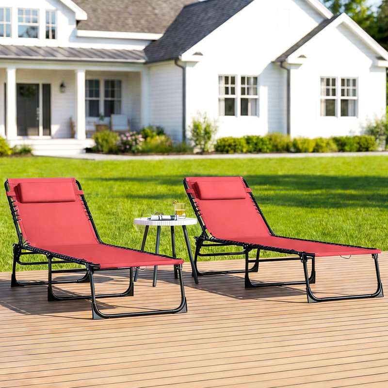 2 chaises longues pliantes, chaises longues avec repose-tête rouge vin