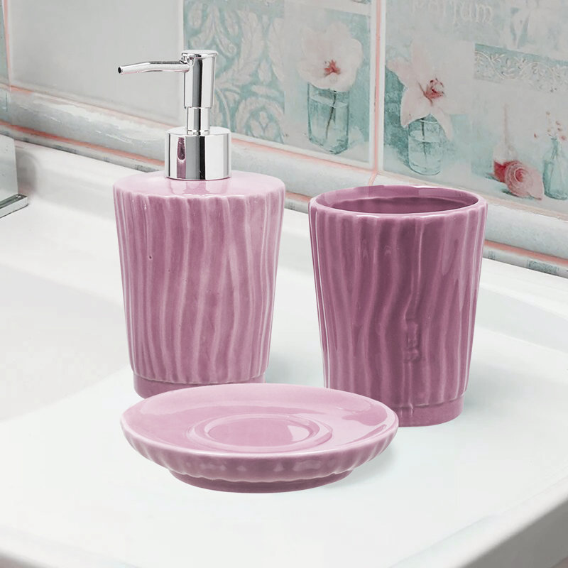 Ensemble d'accessoires de salle de bain Dolomite - Distributeur de savon, porte-savon et gobelet, Mauve