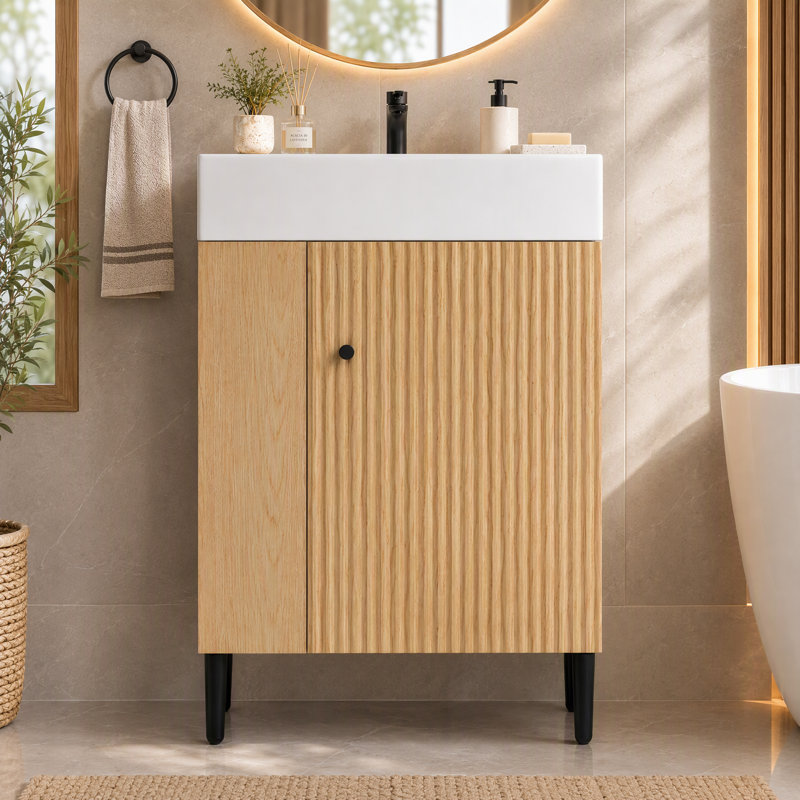 Meuble-lavabo 21,6 po avec lavabo simple en céramique, armoire combinée et rangement à gauche - bois, Bois / noir
