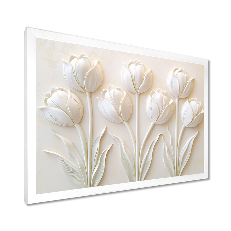 «Minimal White Tulips In Bloom II», reproduction d'art de tulipes, H 34 po x l 44 po, Blanc