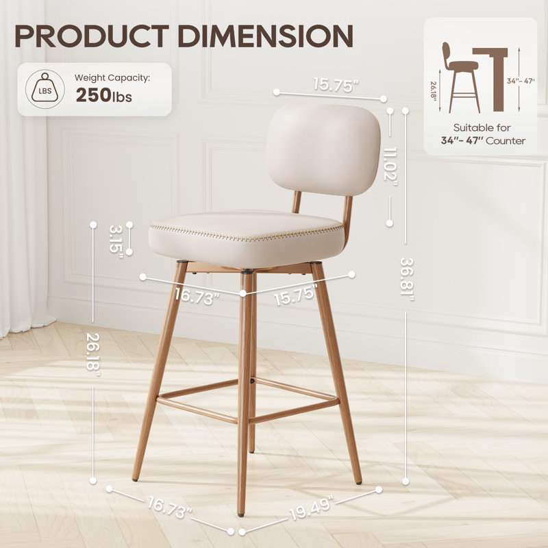 Modern Swivel Upholstered Counter Stools with Metal Frame, Beige