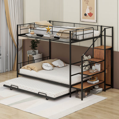Lit superposé simple au-dessus d'un lit double en métal avec échelle de rangement et armoire latérale