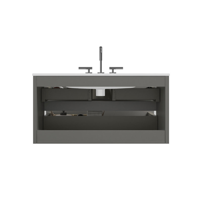 Meuble-lavabo mural 36 po avec lavabo en céramique avec trois trous de robinet, grand meuble-lavabo flottant avec rangement, pré-assemblé, meuble-lavabo
