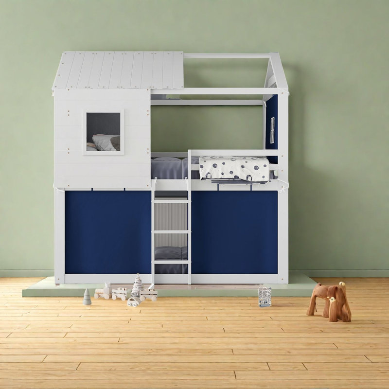 Charmants lits superposés en bois massif avec tente, style maisonnette rustique