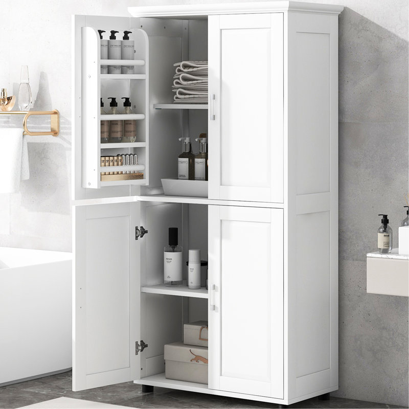 Tall And Space Bathroom Cabinet, 4 Doors, Adjustable Shelves, White Cabinet With Doors Made Of Board, For Hairdryer Shower Items Storage
