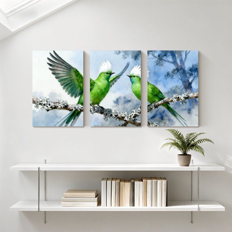 «Birds Green Birds on Snowy Branch», ensemble de 3 impressions sur toile, H 18 po x l 36 po