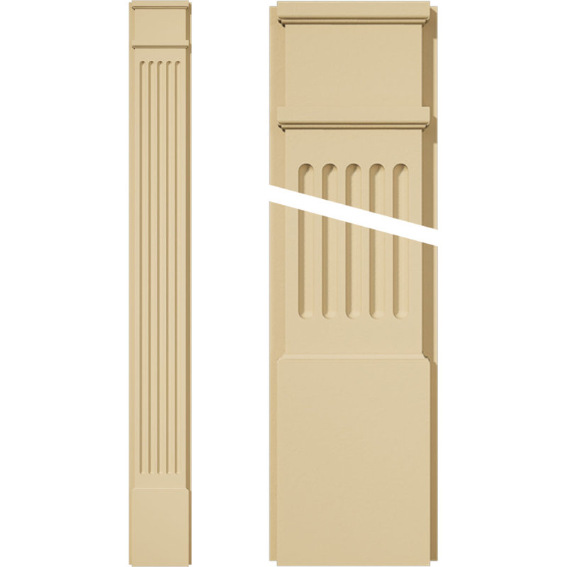 Signature Urethane Fluted Pilaster w/ Decorative Capital & Base, 8"W x 72"H x 2"P (Pair), Base Can Be Trimmed Up to 6 5/8", High Density Milled Urethane, Factory Primed Tan, Sold As Pair