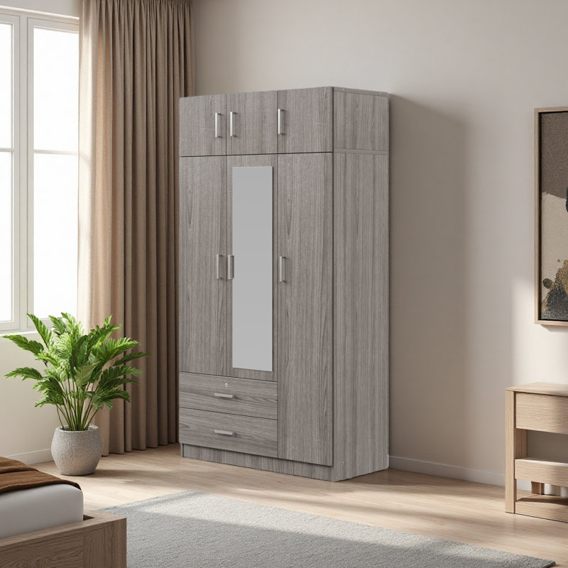 Armoire à miroir 3 portes avec 2 tiroirs et armoire supérieure, Gris