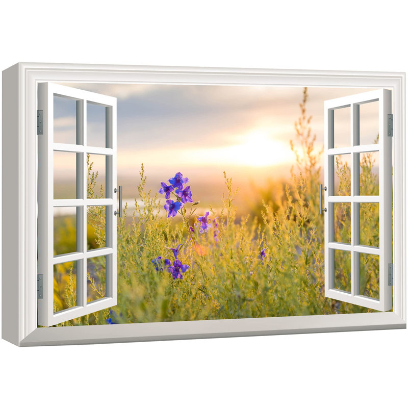 Window Scenery " Window View Of Purple Flowers At Sunset Nature Pictures Rustic Scenic Relax Calm Ultra ", 16" H x 24" W