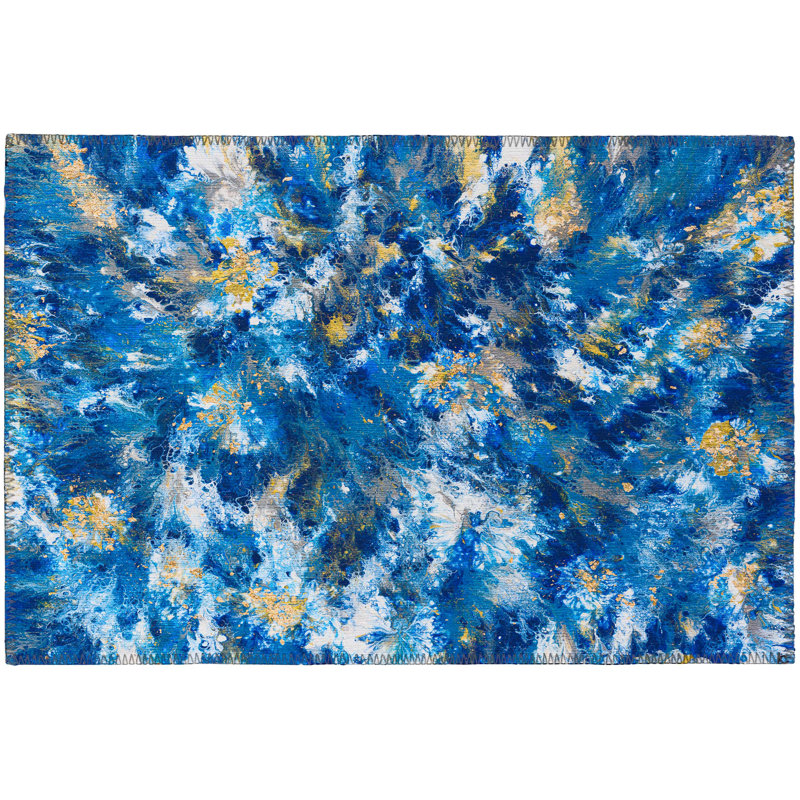 Tapis bleu abstrait tissé à la machine, Rectangle 1 pi 8 po x 2 pi 6 po