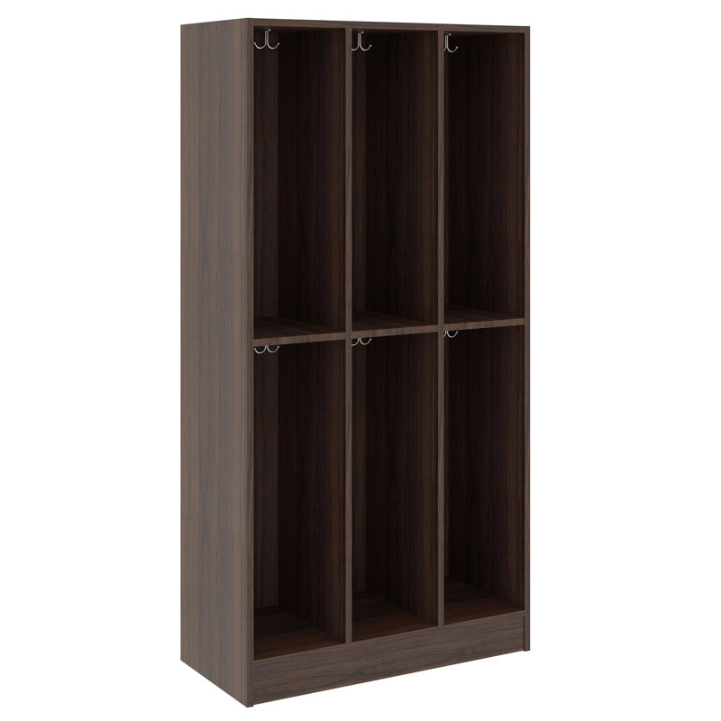 Armoire de salle de classe triple à six compartiments, 59" H x 36" W x 17" D, Noyer sépia