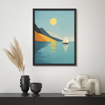 Minimal Sailboat Sunset Scene Framed Wall Art Prints - Calm Ocean View for Living Room Bedroom
