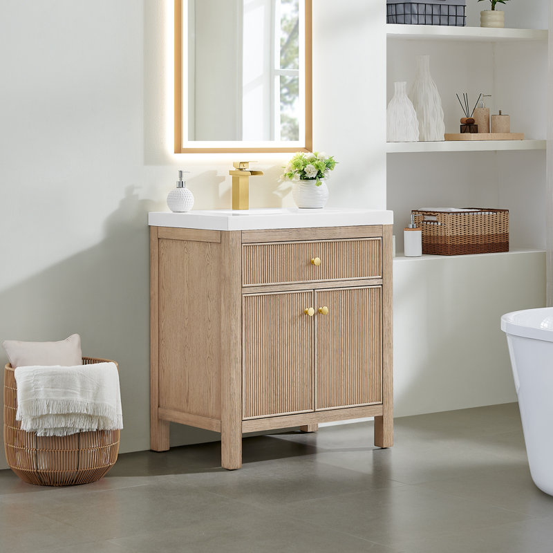 Meuble-lavabo simple Lala de 30 po en pierre reconstituée avec lavabo intégré, sans miroir., Chêne naturel