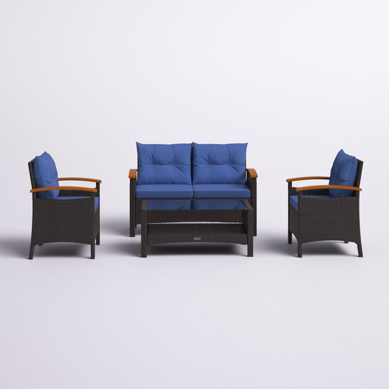 Ensemble de conversation avec canapé et coussins en rotin 4 pièces